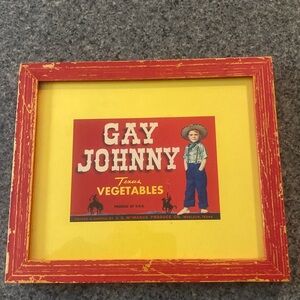 GAY JOHNNY Texas Vegetables LABEL PRINT framed ART WORK wall RUSTIC vintage EC